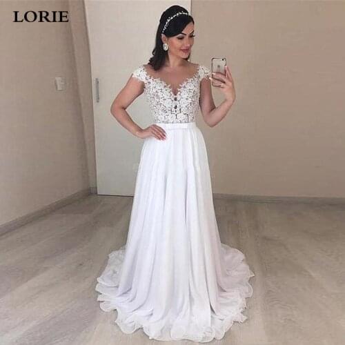 LORIE Boho Wedding Dresses Cap Sleeve A Line Chiffon Long Backless Beach Wedding Gown Appliques Lace Wedding Bride Gowns