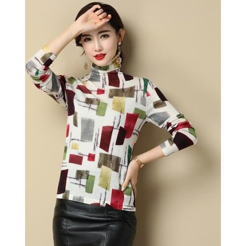 Women Turtleneck Cashmere Sweater Winter Autumn Patchwork Colors Jumper Ladies Fashion Printing Blouse Long Sleeve Knitwear Tops