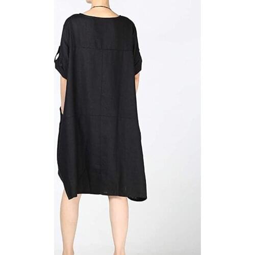 Tunic O Neck Knee Length Dress Womens Short Sleeve Button Linen Shirt Casual Vintage Natural Summer Dresses Женское Платье G3