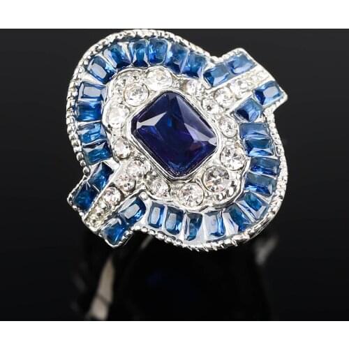 Vintage Blue Stone Ring Silver Color Geometric Crystal Finger Rings for Women Jewelry Classic Engagement Gift Anillos Mujer