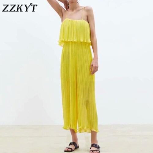 ZZKYT 2021 Women Summer Vintage Chiffon Yellow Folds Playsuits Fashion Slim Sleeveless Backless Female Sling Jumpsuits Mujer