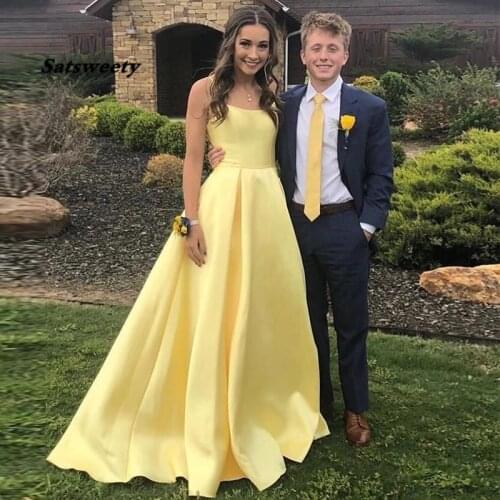 Long Prom Dresses Spaghetti Straps Yellow Satin Simple Formal Women Party Evening Gowns A-Line Vestido De Festa Prom Gowns