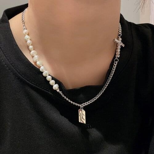 VSnow Unique Design Irregular Pearl Geometrical Asymmetric Cross Pendant Necklace for Women Rhinestone Letter Necklace Jewelry