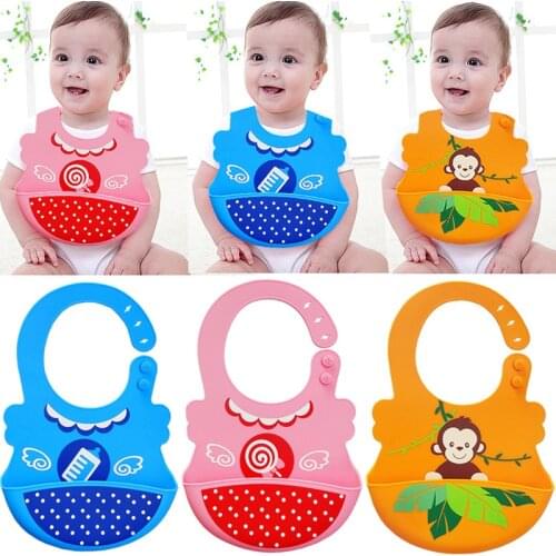 2021 Cute Baby Bibs Waterproof Silicone Bib Infant Toddler Feeding Saliva Towel Cartoon Adjustable Children Apron With Pocket