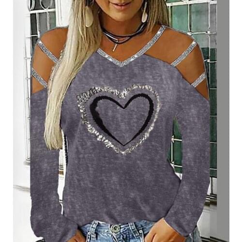 40#Heart Print T Shirt for Women Diamonds Long Sleeve V Neck Hollow Out Ladies Tops Pullover Plus Size T-shirt Camisetas Mujer