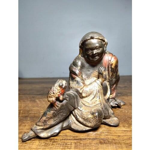 7"Tibet Buddhism Temple Old Bronze Cinnabars Liu Hai Plays Jin Chan Zhaocai Town House Decoration Enshrine the Buddha