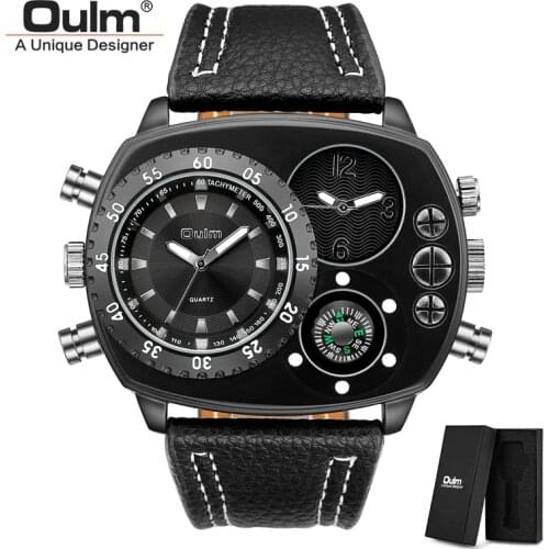 Oulm New Big Size Sport Watches Men Genuine Leather Casual Wristwatches Quartz Clock Decorative Compass Unique Male Watch