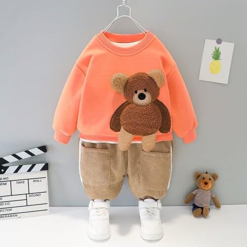 2020 Winter New Childrens Two Pieces Suit Plush Thickening Baby Boys And Girls Cartoon Bear Design Set Toddler Kids Tracksuit