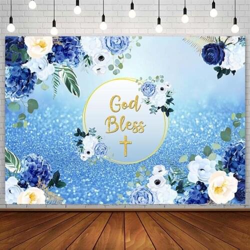 First Holy Communion Backdrop God Bless Gold Cross Blue Flower Glitter Photography Background Photo Studio Photozone Decor Props