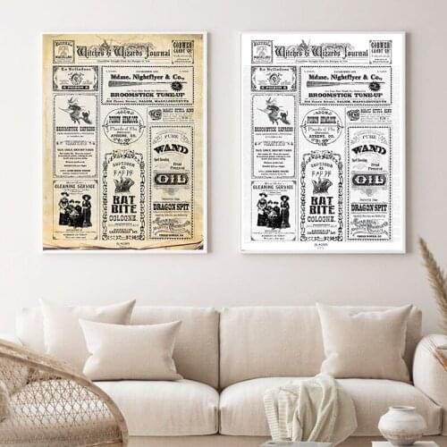 Halloween Witch Newspaper Classified Ads Posters and Prints Vintage Wizard Canvas Painting Wall Art Pictures Home Decoration