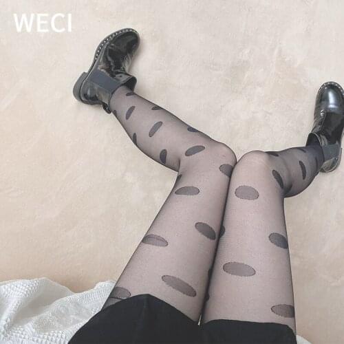 WECI Big Polka Dots Tights Women Pantyhose Sexy Transparent Silk Stockings Ladies Black & White Thigh High Socks Funny For Girls