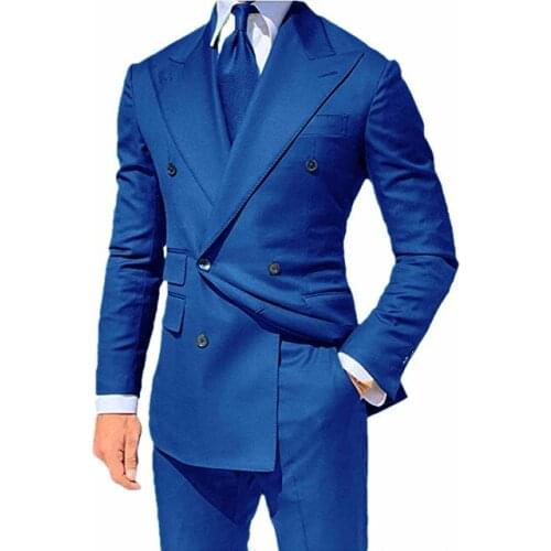 New Arrival Slim Fit Men Suit Blue Peak Lapel Business Casual Evening Tuxedo 2 Piece Long Blazer Pant Custom Man Suit