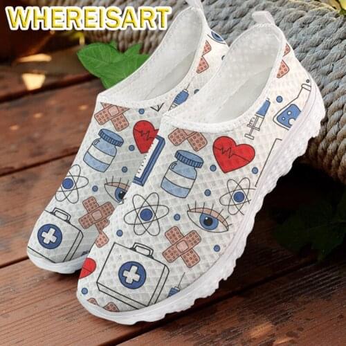 WHEREISART Womens Flats Shoes Cartoon Nurse Tool Pattern Air Mesh Girls Walking Sneaker Nursing Shoes for Women Lightweight