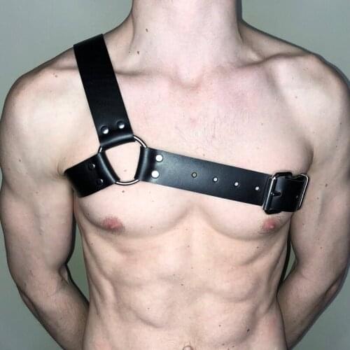 Mens Leather Harness Chest Costume Bondage Gothic Bdsm Shoulder Straps With O ring Adjustable Punk Crop Top Black Belts