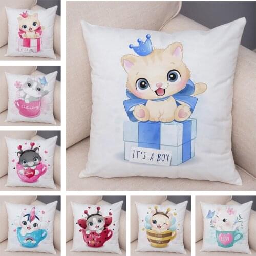 Soft Plush Pillow Covers Lovely Cartoon Cat Print Cushion Cover Decor Pet Animal Pillow Case Pillowcase for Children Room Sofa