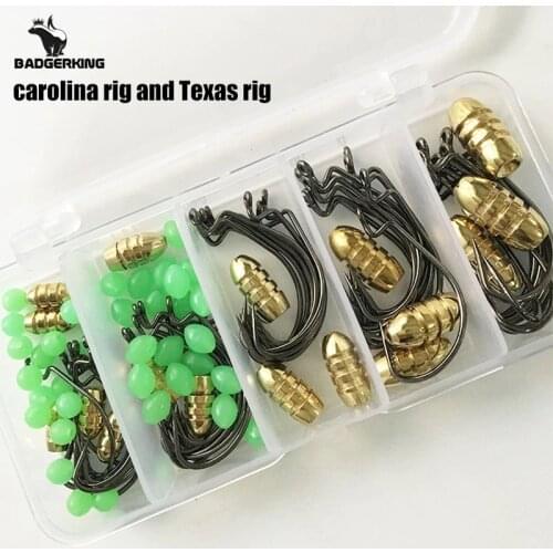 Carolina rig fishing hook tackle box set with texas offset fishhooks copper bullet sinker weight luminous beads for fishing