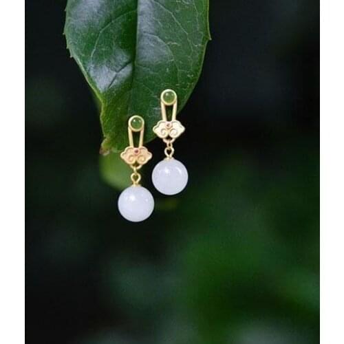 New silver inlaid natural Hetian white Chalcedony Round Earrings Chinese style retro court style elegant charm womens jewelry