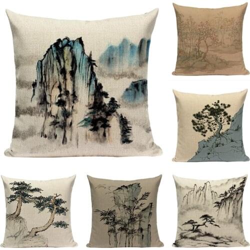 Shabby Chic Tree Pillow Cover for Mountain Floral Home Sofa Decorative Pillow Case 45cm*45cm Vintage Landscape Cushion Cover