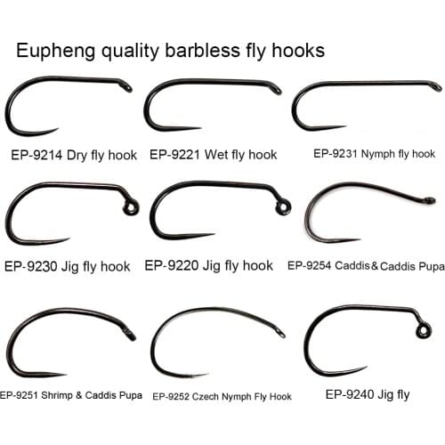 Eupheng 100pcs Competition Fly Fishing Hook Barbless fly tying hook Fishing Dry Nymph Shirmp Wet Caddis Fly Hook Black Nickle