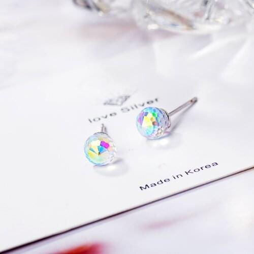 925 Sterling Silver Colorful Crystal Round Bead Stud Earrings For Women Party Jewelry Accessories Pendientes eh1007