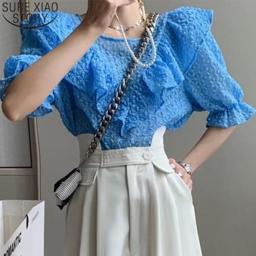 Summer New Round Pullover Ruffles See Through Blouse Korean Women Blouses Puff Sleeve Short SleeveFemale Korean Sweet Tops 14255
