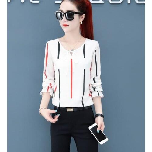 Women Spring Summer Style Chiffon Blouses Shirts Lady Casual Long Sleeve Flower Striped Leaf Printed Blusas Tops DD8041