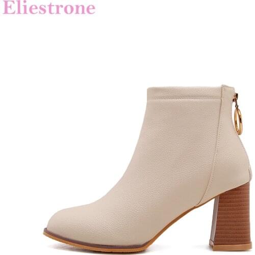 Brand New Autumn Sweet Black Beige Women Ankle Boots Vogue Lady Dress Shoes Square Heels AB829 Plus Big Size 11 32 43 46