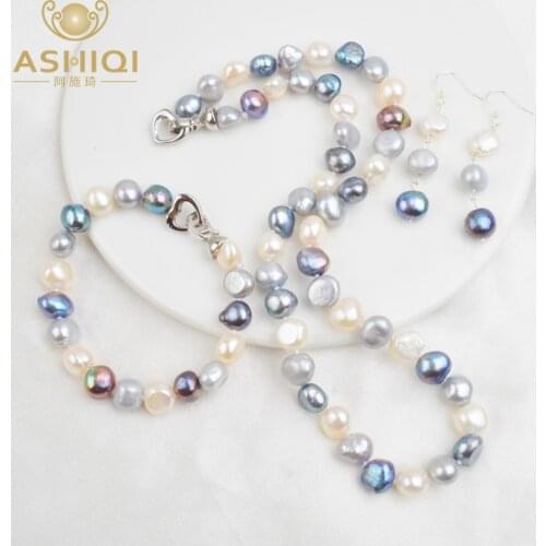 ASHIQI Natural Freshwater Pearl Jewelry Sets for Women 9-10mm Baroque Pearl NE+BR+EA