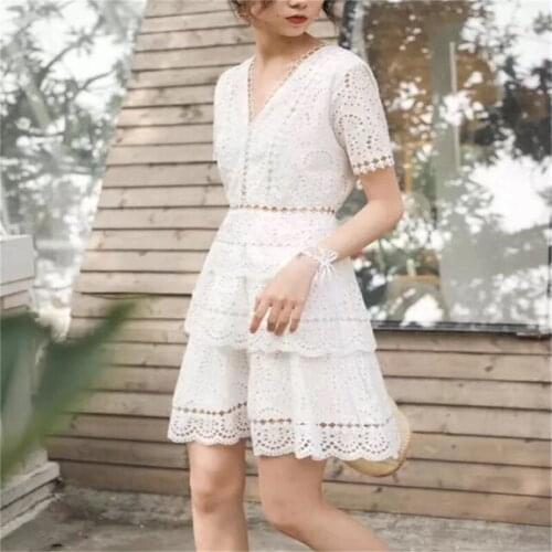 2021 New High Quality Luxury Runway Dress white Lace Hollow Out Ruffles Dress Summer Short Sleeve Self Portrait Dress