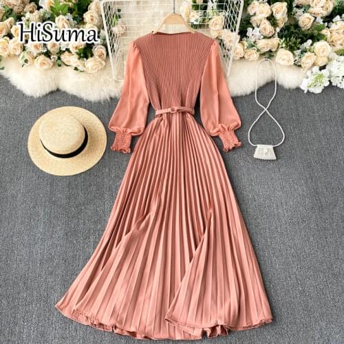 2021 summer new women slash neck lantern sleeve chiffon A-line dress female Chic elegant pleating party dresses