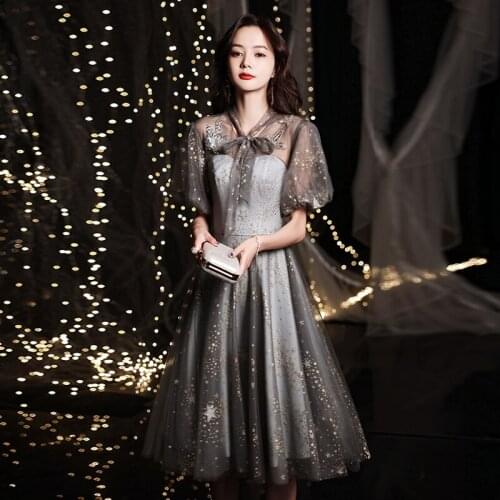 Sequins Simple Evening Dress Empire Short Sleeves A-Line Fashion V-Neck Ruched Tea-Length Gray Woman Formal Party Gowns A1448