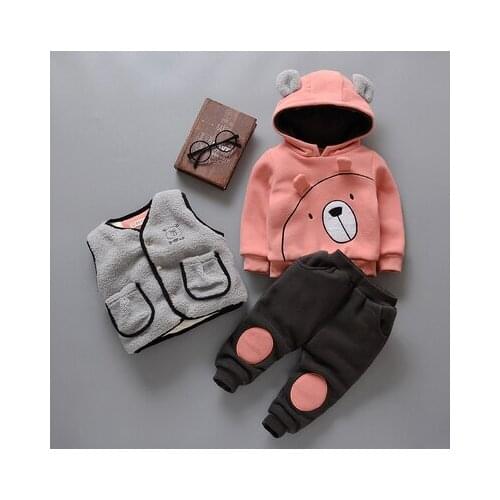 Winter Warm Baby Kids Clothing 3 Piece Sets Thick Plush Velvet Vests+Cartoon Hoodies+Warm Pants Children Kids Outfits 6M-4T