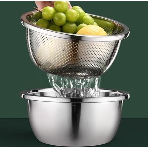 2 Tier 304 Stainless Steel Salad Plate with Drainer Fruit Vegetable Rice Washing Bowl Tableware Dinnerware Kitchen Tools