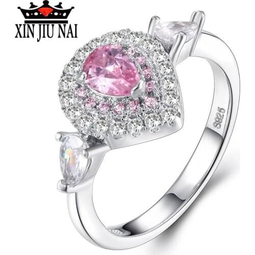3 Color S925 Silver Ring Teardrop CZ Crystal For Women Female Silver Romantic Pink Ring Compatible With Europe Jewelry Making