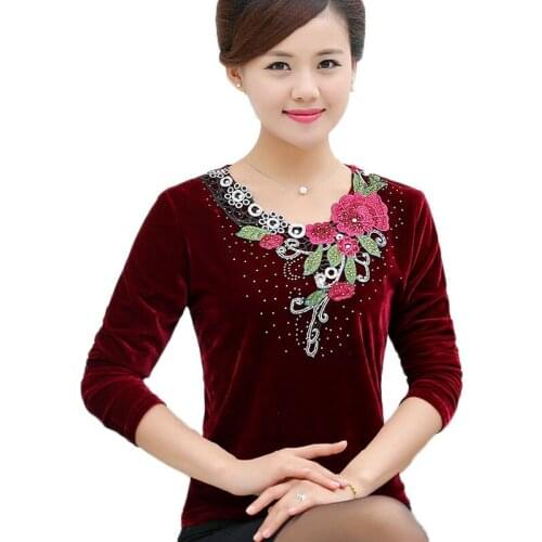 Velvet T-Shirts Middle Age Mother Long Sleeves Tops Winter O-Neck Plus Thick Bottoming Shirt Women Golden velvet Tee Shirt 2096