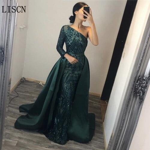 Shiny Satin Mermaid Formal Dress Removable Skirt Dark Green Long Sleeve Sequined Prom Gowns 2 Piece Party Detachable Train