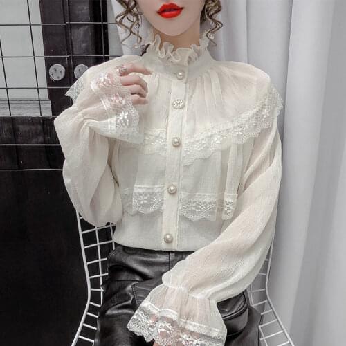 Solid Patchwork Elegant Blouse Women Spring Lace Designer Chiffon Bouse Female Office Lady Casual French Korean Tops Women 2020