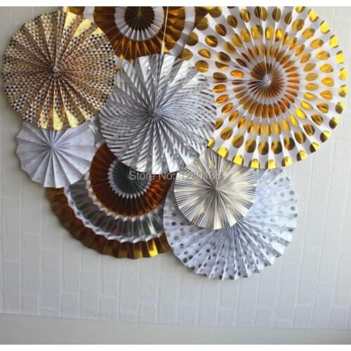 Paper Pinwheel Rossettes Metallic Gold and Silver Foil Wedding Bachelorette Party Children Room Decorations Hanging Paper Fan