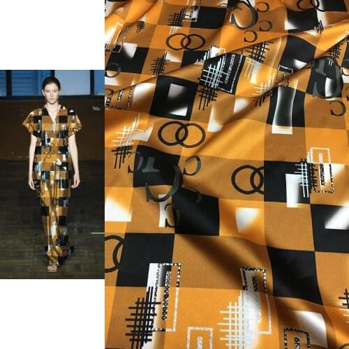 Black and white letters, geometric printing, ancient golden color, stretch digital printing,natural mulberry silk fashion fabric