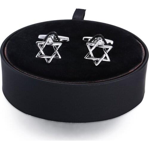 DY new six Star Silvery Cufflinks black leather box set men French Cufflinks Gift Set FREE SHIPPING