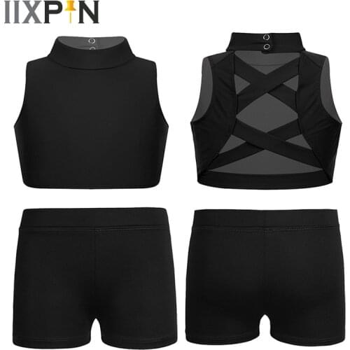 Kids Girls Ballet Dance Gymnastics Costume Outfit Sleeveless Tanks Bra Crop Top With Shorts Summer Workout Fitness Dancewear Set