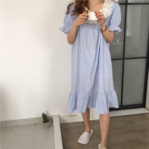 Summer 100% Cotton Loose Soft Nightgowns Women Dress Homewear Short Sleeve Lacework Sleepdress Nightdress Vestidos Blue