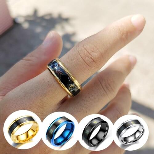 316L Stainless Steel Mens Rings Black Temperature Measurement Tungsten Carbide Ring Wedding Band Polished Comfort Fit Jewelry