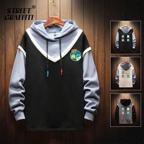 Mens Casual Sweatshirts Hoodie Vintage Painted Style Splicing Hip Hop Creativity Streetwear Male 2021 Fashion Cotton Men Hoodies