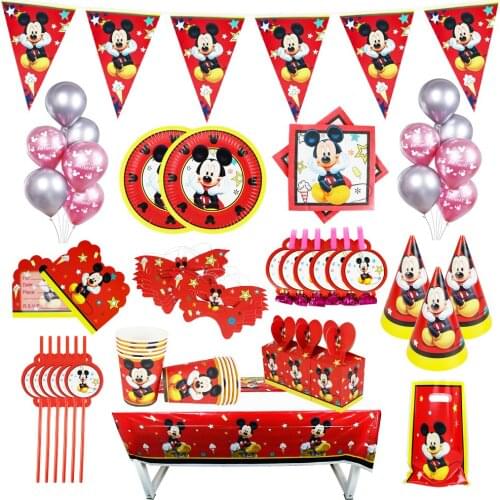 Disney Red Mickey Mouse Style Birthday Party Balloon Paper Cups Plates Tablecloth Tableware Sets Decorations Kids For Supplies