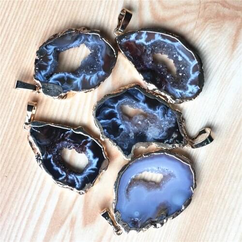 Natural Brazilian Electroplated Gold Color Edged Slice Open Agates Geode Drusy Druzys Pendants For Necklace women jewelry Making