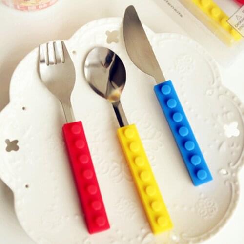 Stainless Steel Lego Bricks Silicone Knife Fork Spoon 3pc/Sets Portable Western Cutlery Set Children Blockware Silicone Handle