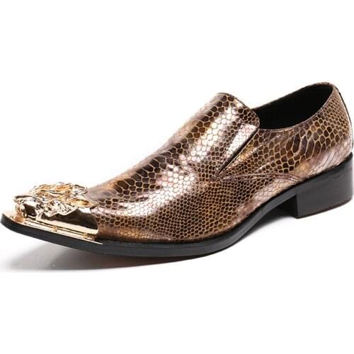 2021 New Luxury Chaussures Hommes Genuine Leather Shoes Men Pointed Metal Toe Golden Party and Wedding Footwear Shoes 38-46