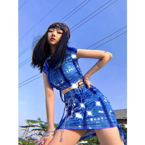 DROZENO New Summer Dress Round Collar Short Sleeve T-shirt of cultiv Navel Pleated Drawstring High waist bag hip skirt suit