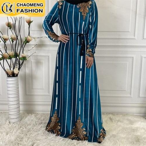 New Muslim Arabic Velvet Pakistani Turkey Dubai Abaya Print Long Sleeve Islamic Clothing Ramadan Women Modest Dress
